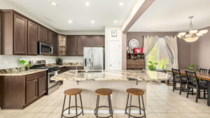 Ample Kitchen with marble countertops and spacious island